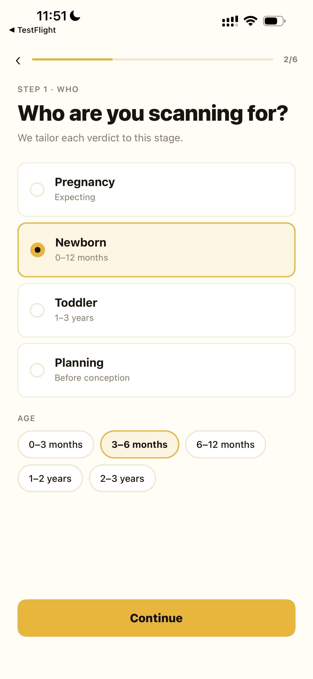 EggYolk stage selector — Pregnancy, Newborn, Toddler, Planning